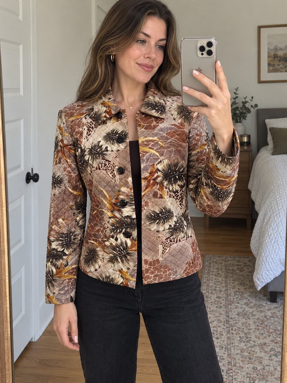 Vintage Maggy L Silk Quilted Jacket Size 4 Safari Giraffe Palm Print 100% Silk